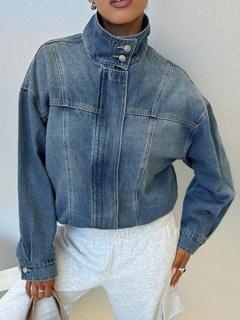 Washed Stand-Up Collar Denim Jacket